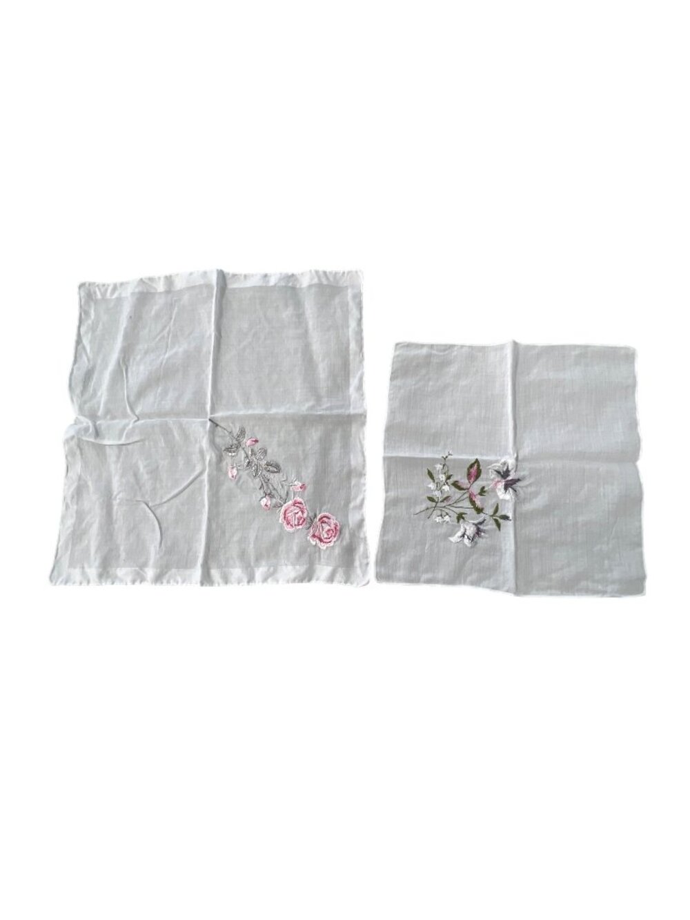 Vintage Handkerchief Floral Embroidered Lot of 2 Rose Lightweight White Classic